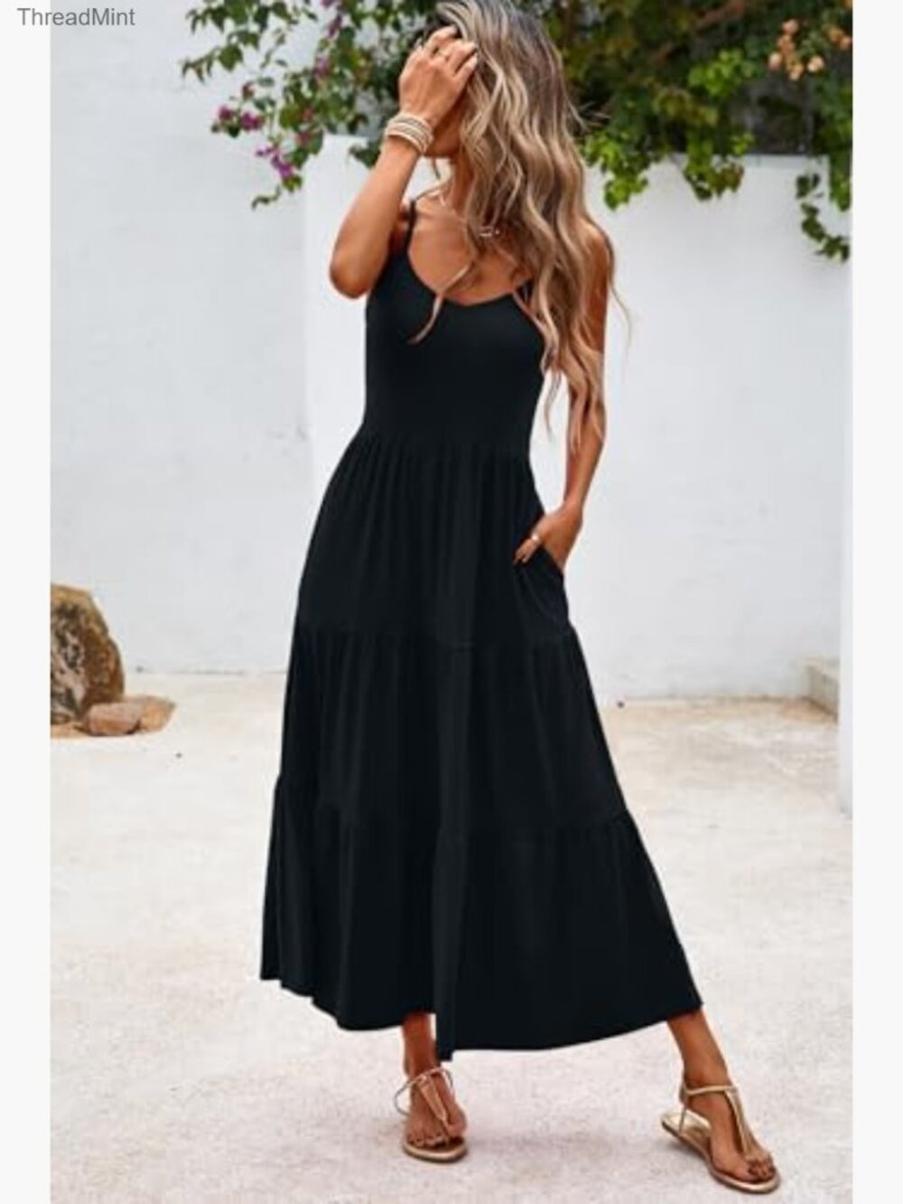 Flowy Tiered Maxi Dress Sleeveless Sundress Adjustable Straps Long Beach Dress - Picture 3 of 7